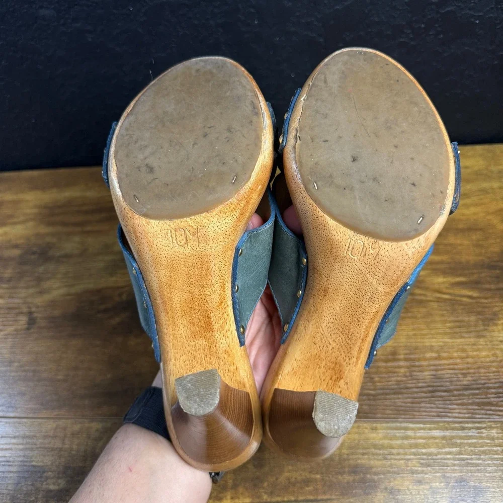 Michael Michael Kors Leather Wood Platform Crisscross Clog Sandals Blue Gray 10M